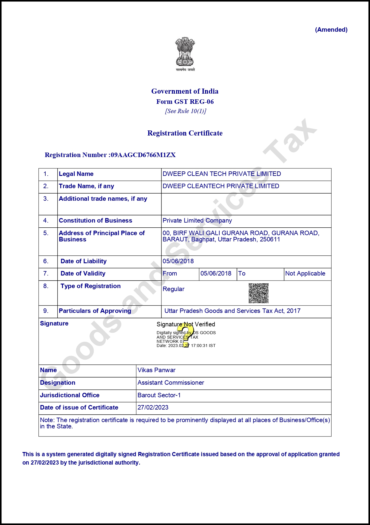 Dweep CleanTech Private Limited GST Registration Certificate